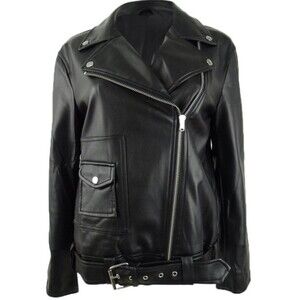 Bar III Women's Black Faux-Leather Moto Jacket Belted Women's Size XL